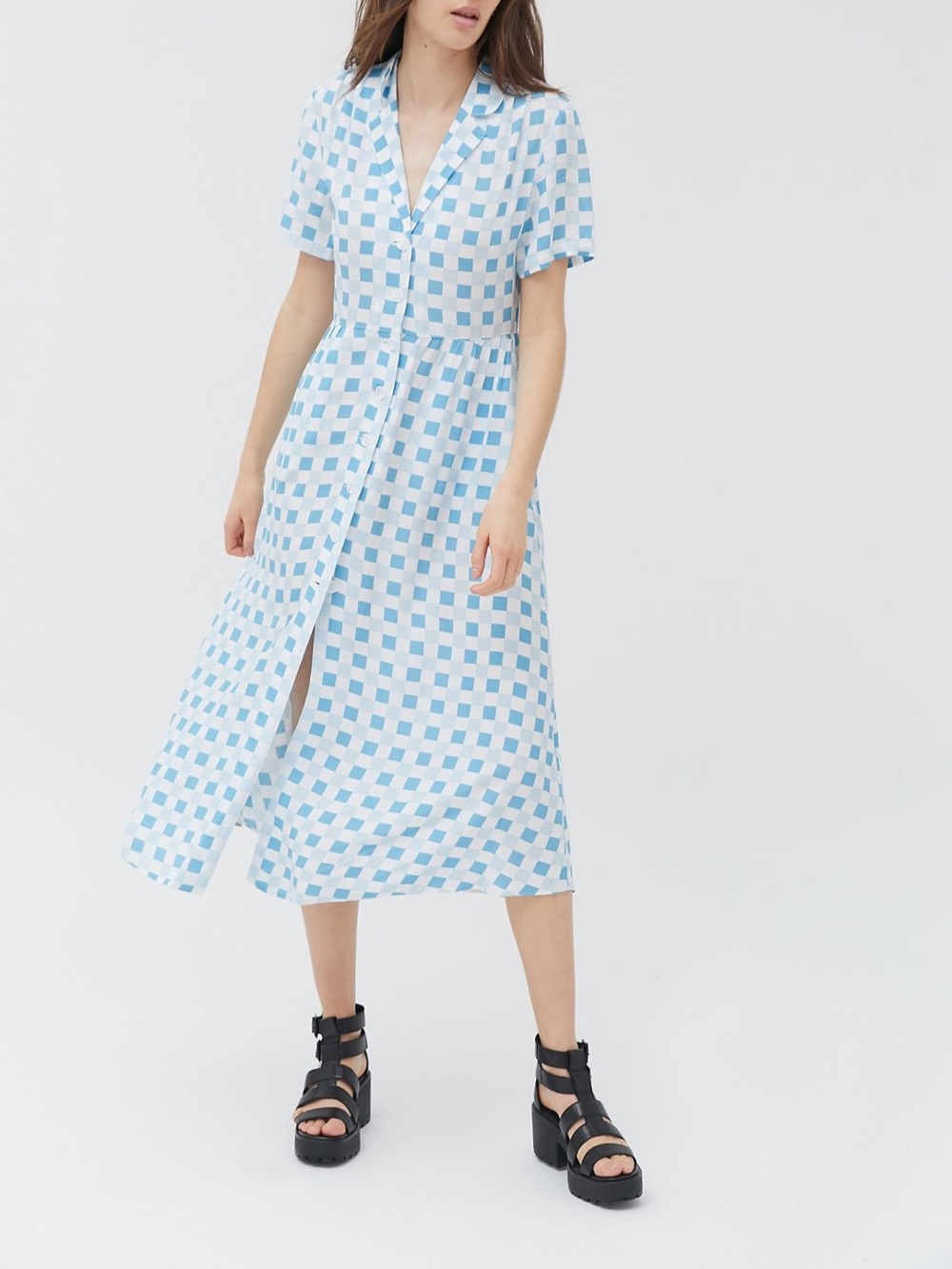 NWT Retro style Urban Outfitters Light Blue & White Gingham Midi Dress